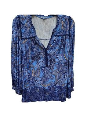 Democracy Blue Leaf-Print Ruffled V-Neck Top Womens 1X